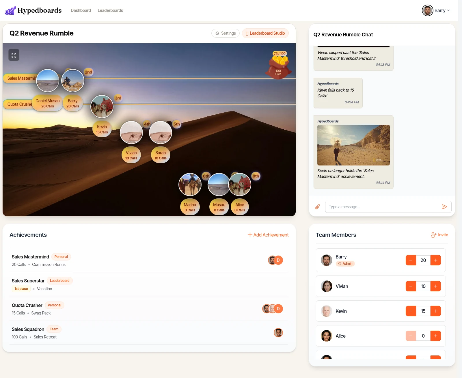 Q2 Revenue Rumble dashboard with team chat and celebrations