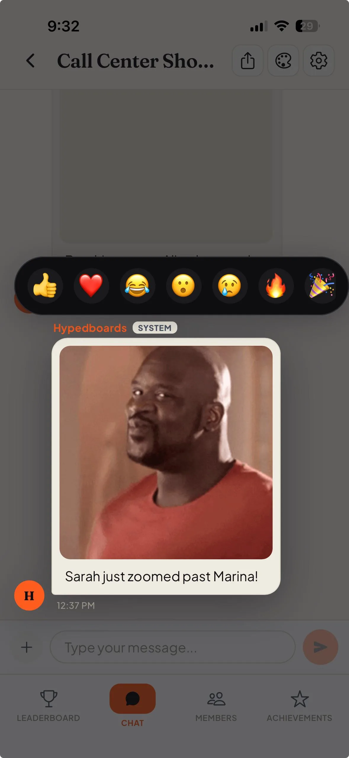 HypedBoards mobile chat with emoji reactions on a celebration GIF